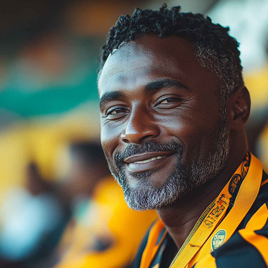 A happy man from Tanzania smiles in stadium