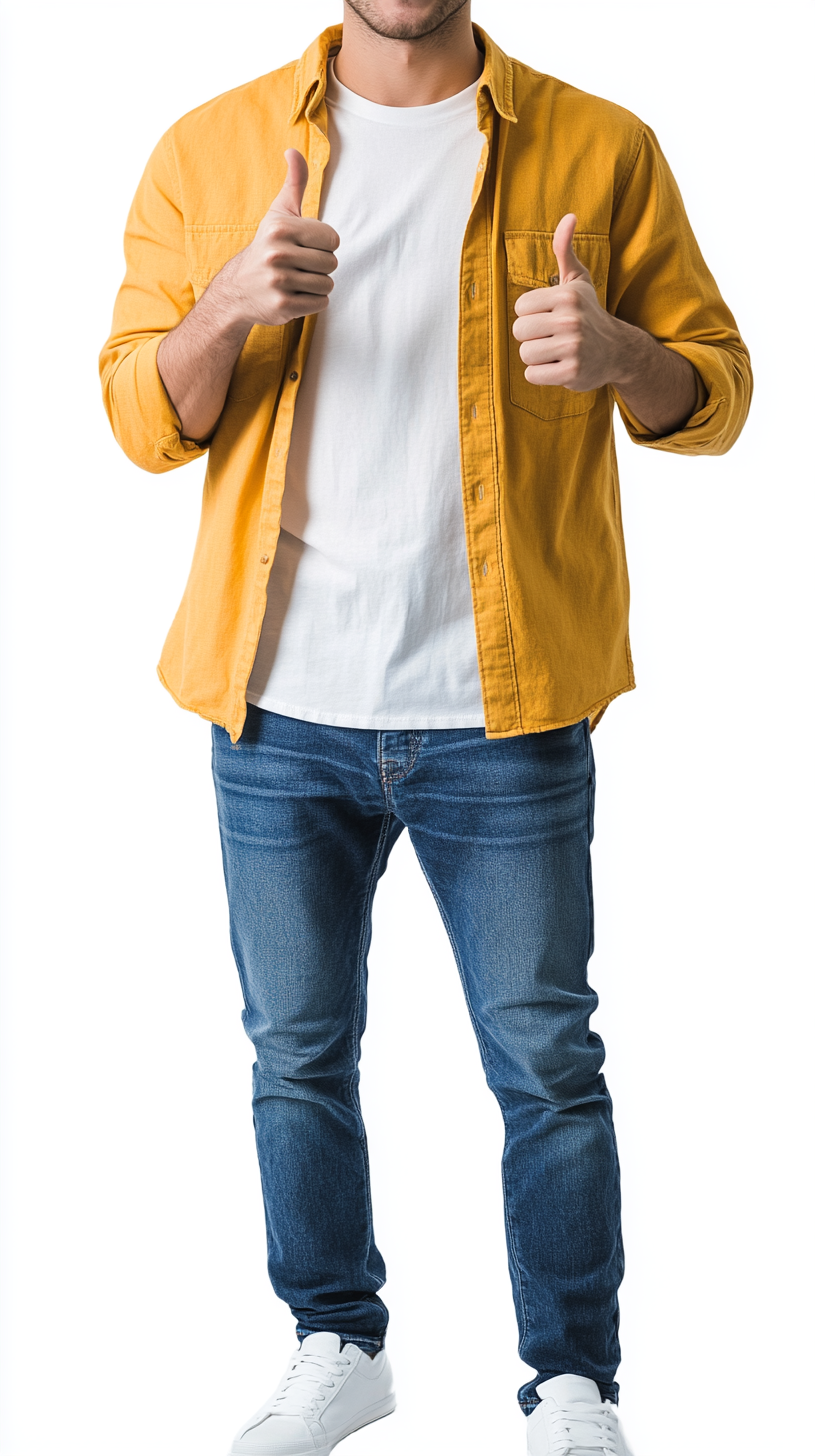 A happy man in casual outfit giving thumbs up.