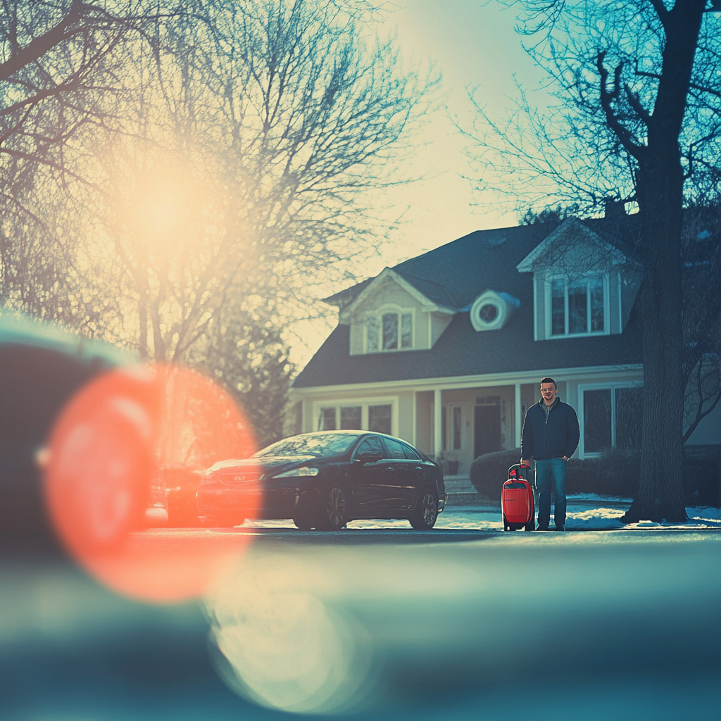 A happy man next to car in front house.