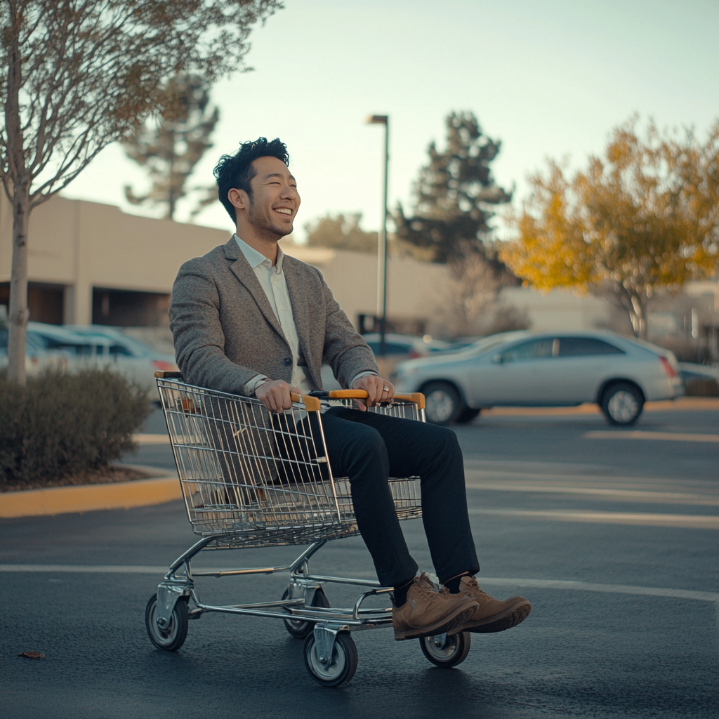 A happy man rides shopping cart in parking lot.