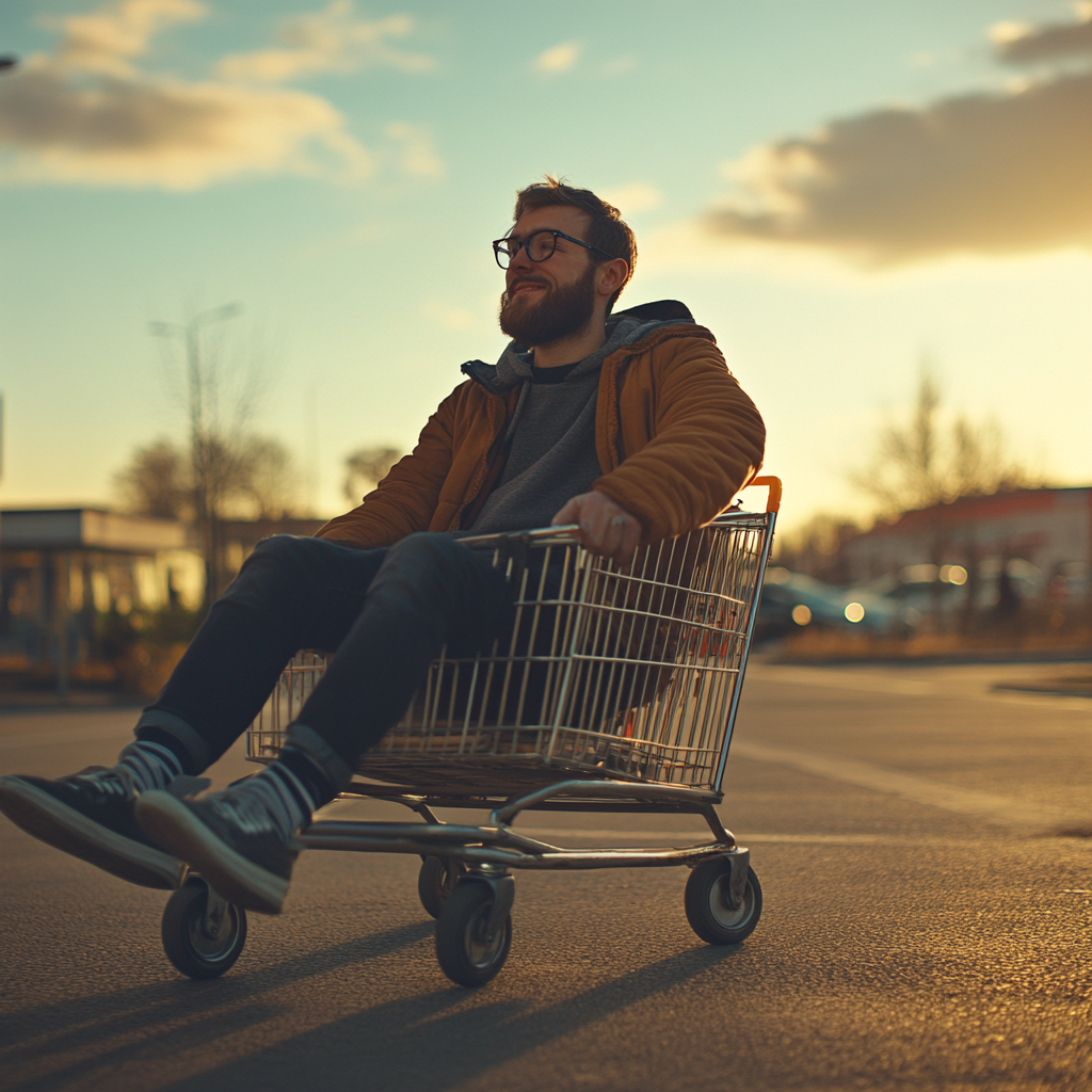 A happy man riding shopping cart in parking lot.