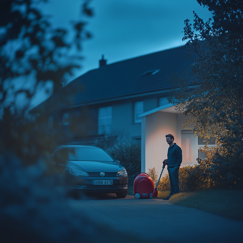 A happy man with a car and house.