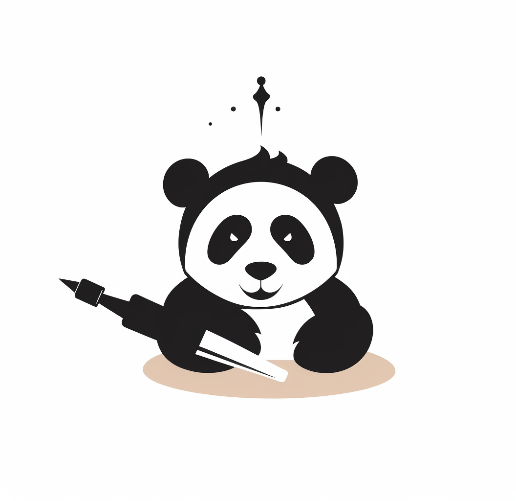 A happy panda holding a fountain pen.