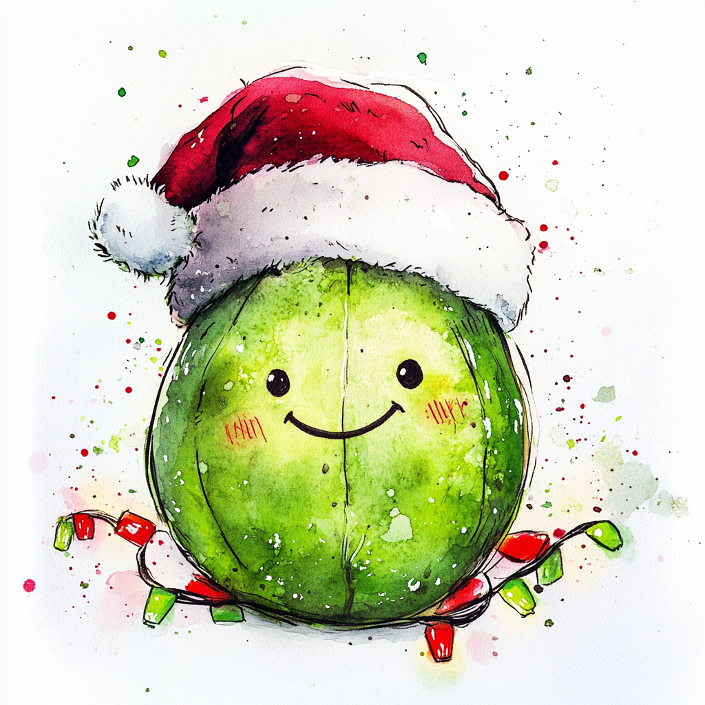 A happy pea with Santa hat and ribbon.