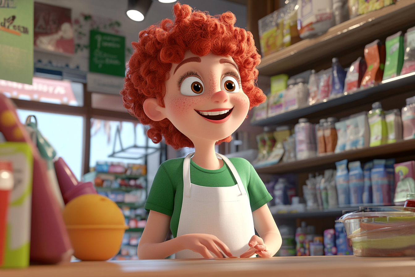 A happy red-haired cartoon character at her store