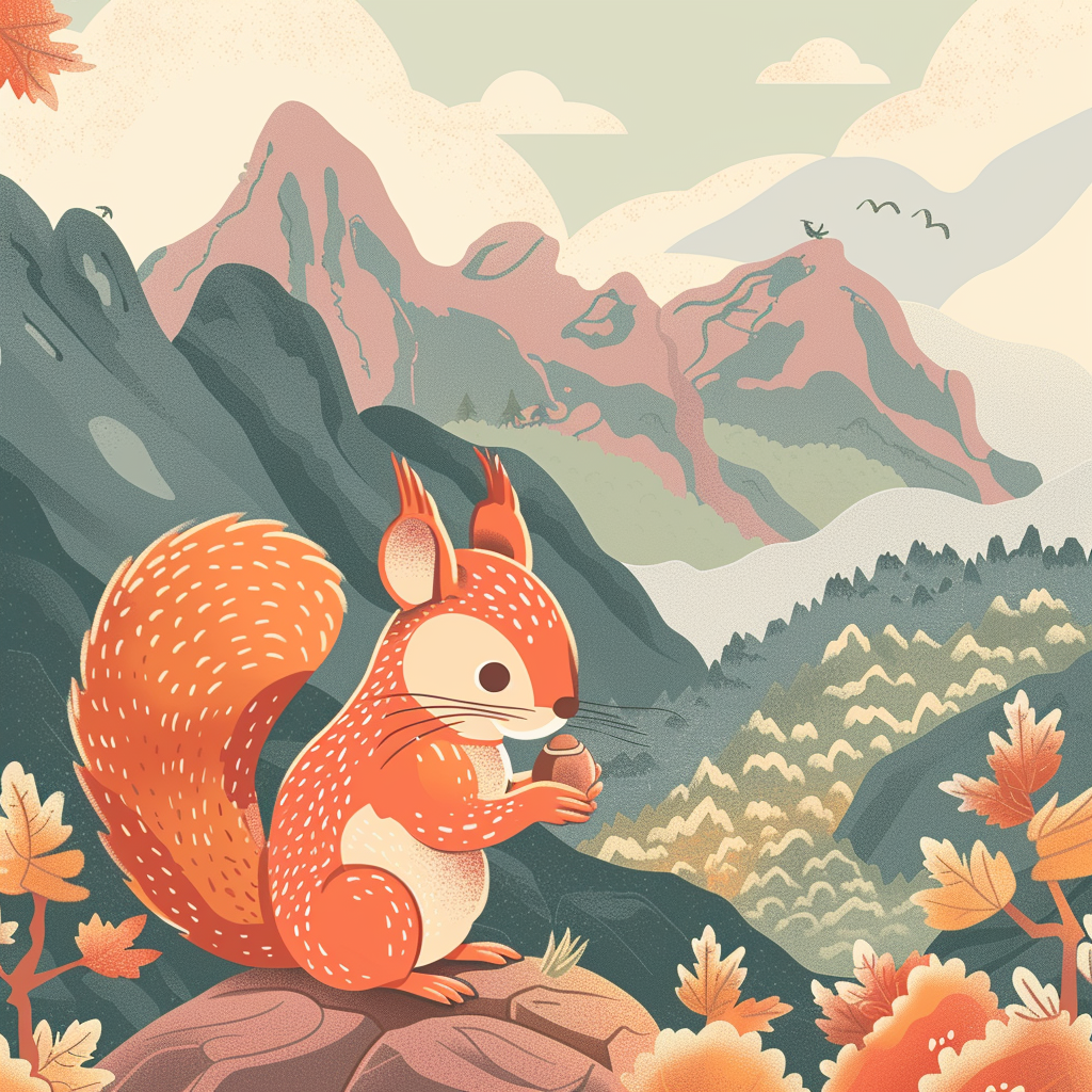 A happy squirrel eating acorn on vibrant mountain.