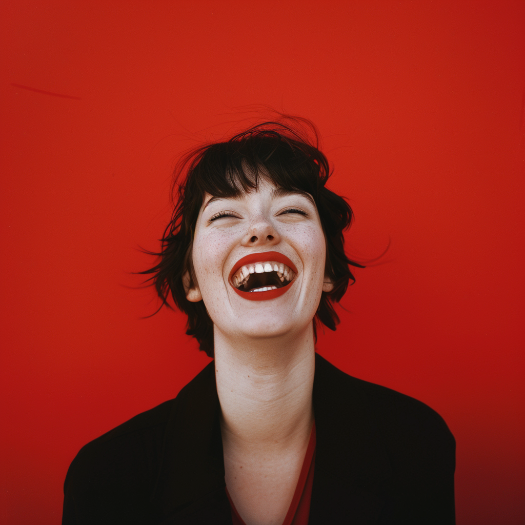 A happy woman in front of red backdrop.