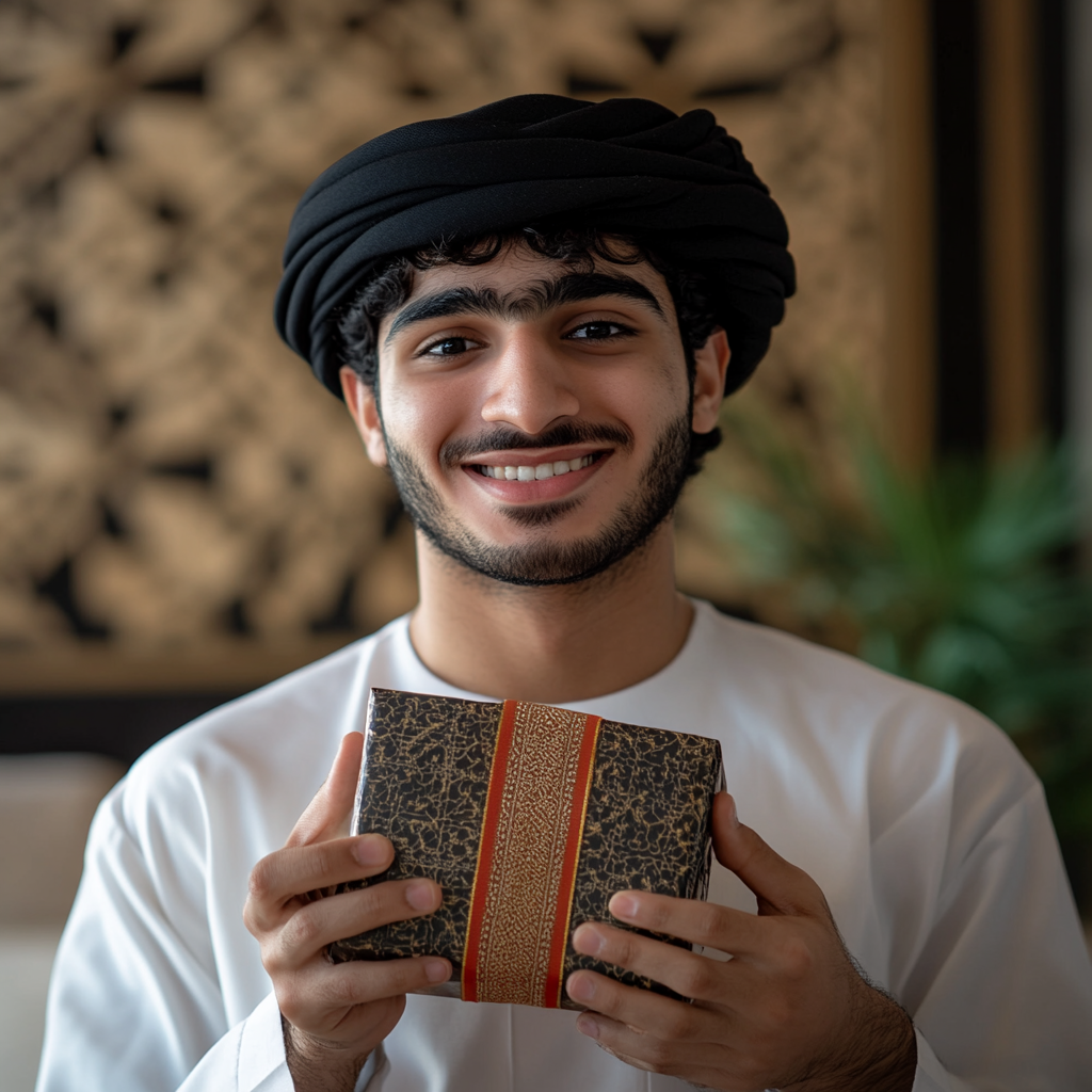 A happy young man holding surprise gift box.