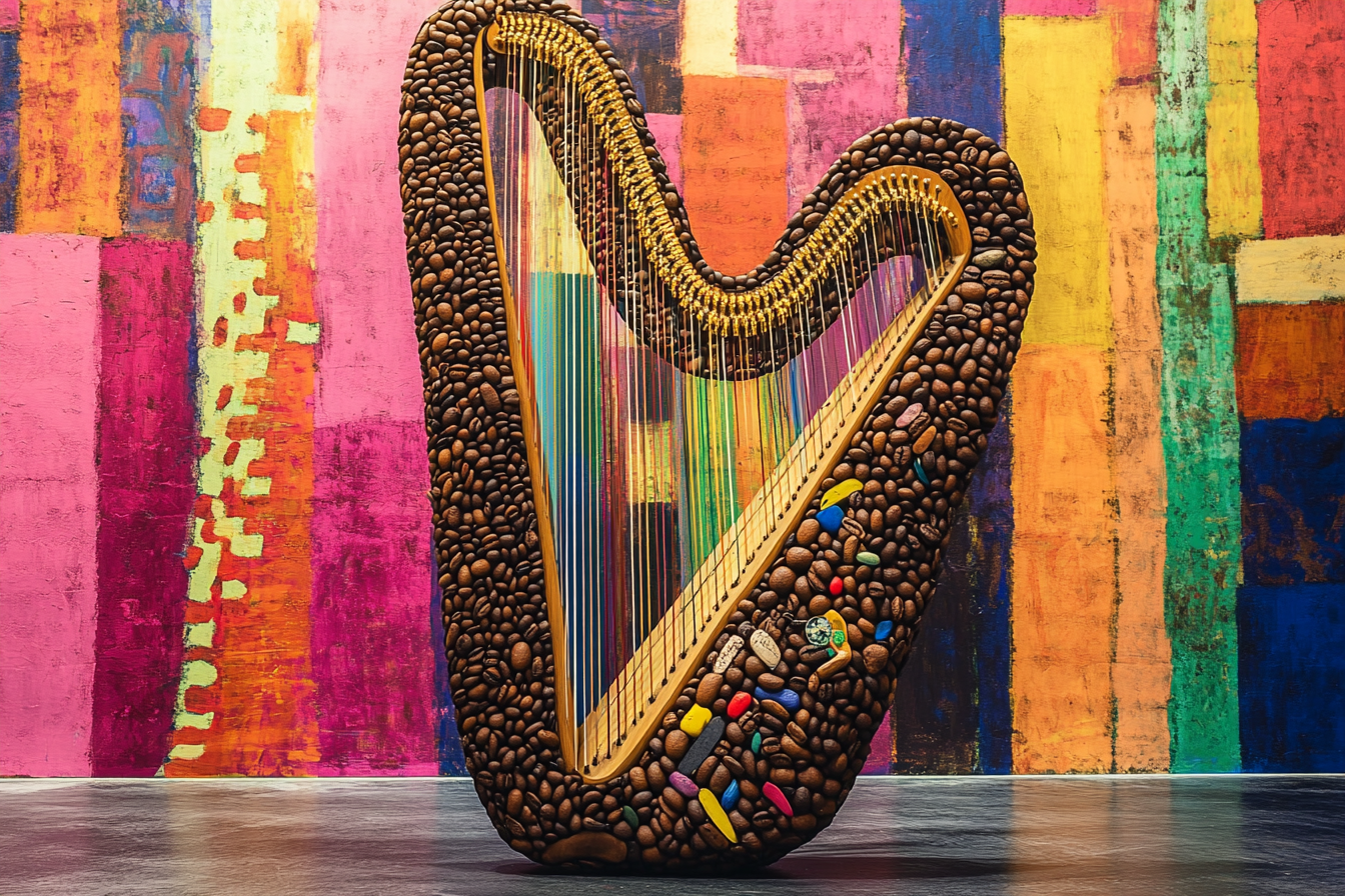 A harp made from coffee beans on colorful wall