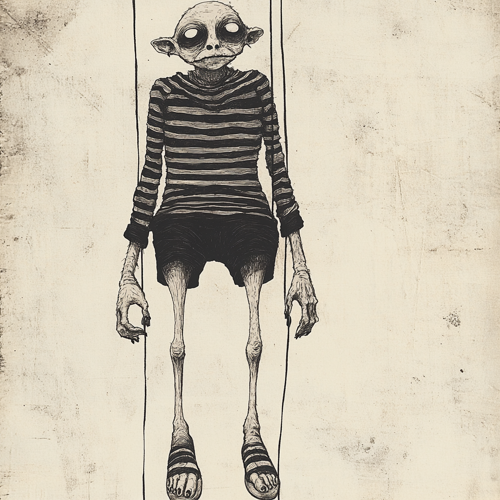 A haunting marionette in striped shirt and sandals.