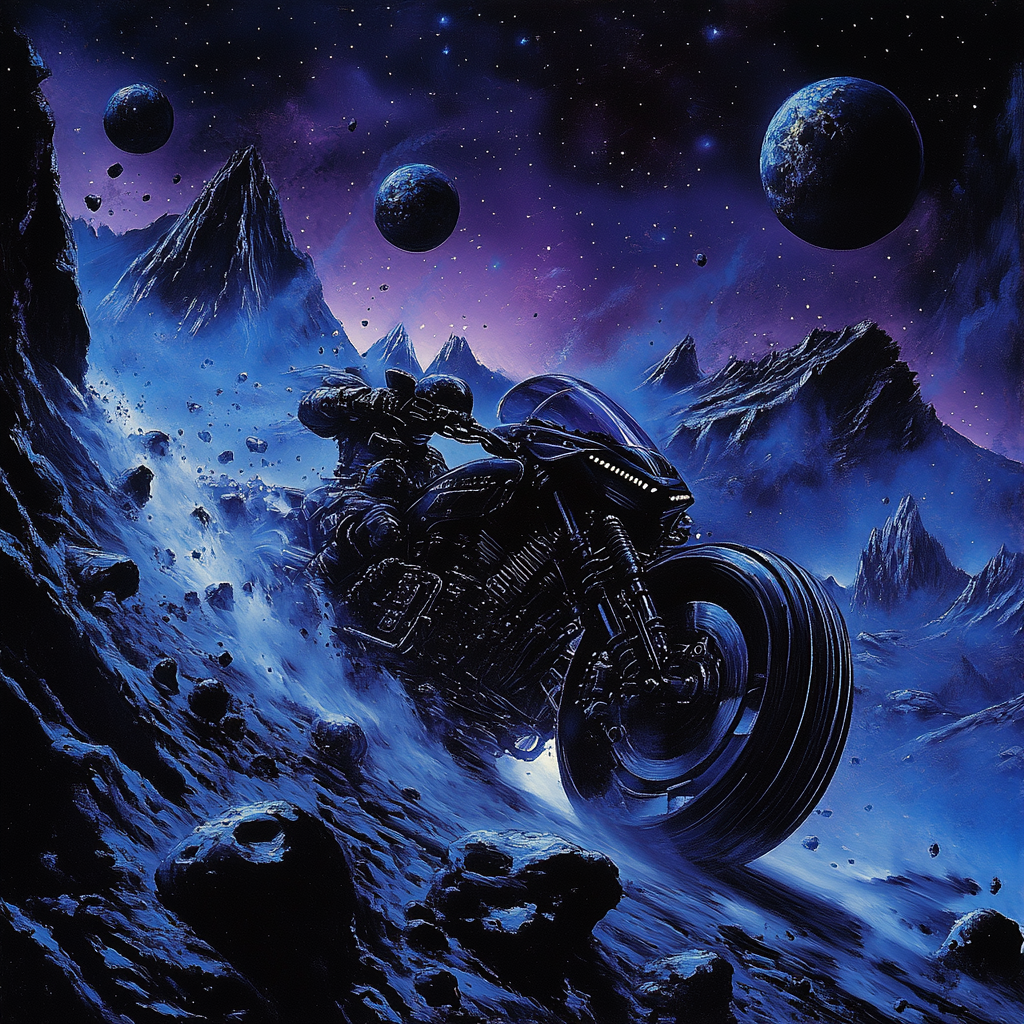 A heavily armored futuristic motorcycle speeds through space.