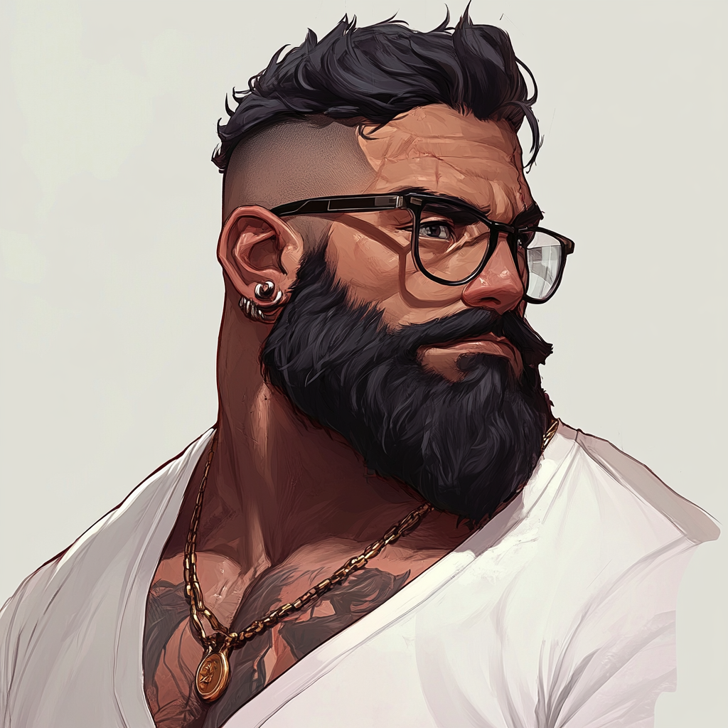 A heavy Dad with black hair and glasses