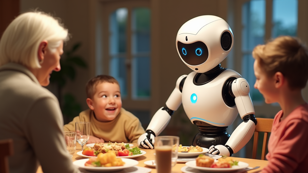 A helpful robot setting dinner table for family.