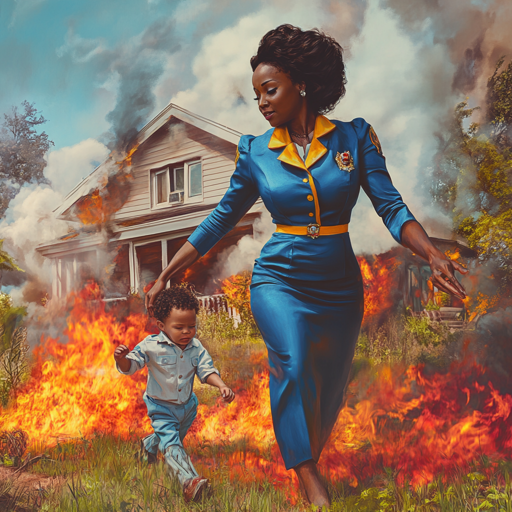 A hero black woman saving toddler from fire.