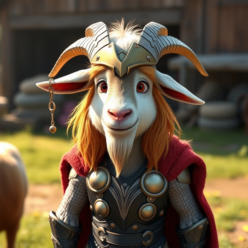 A heroic goat Thor in a colorful farmyard.