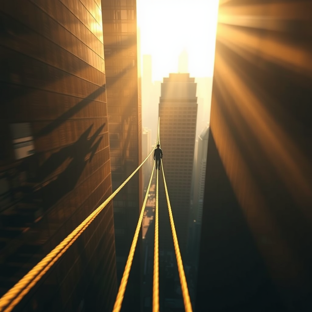 A high-wire artist crossing skyscrapers' tightrope.