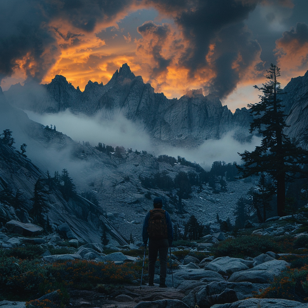 A hiker in wide shot, blue and orange tones.