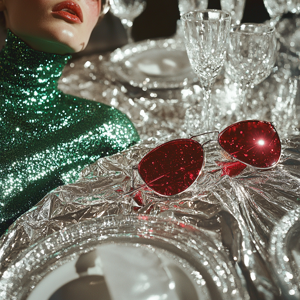 A holiday editorial featuring silver fabrics and fashion