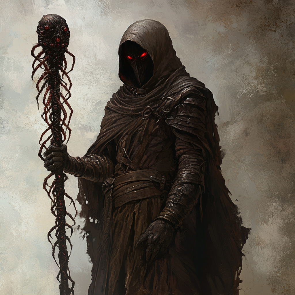 A hooded figure with red eyes holding an ornate staff.