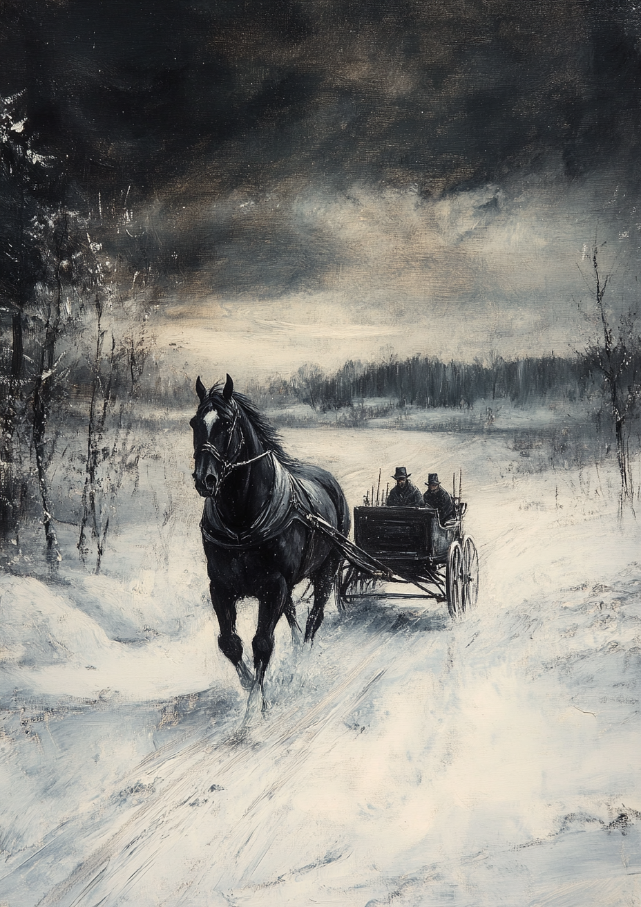 A horse pulling sleigh in snowy countryside.