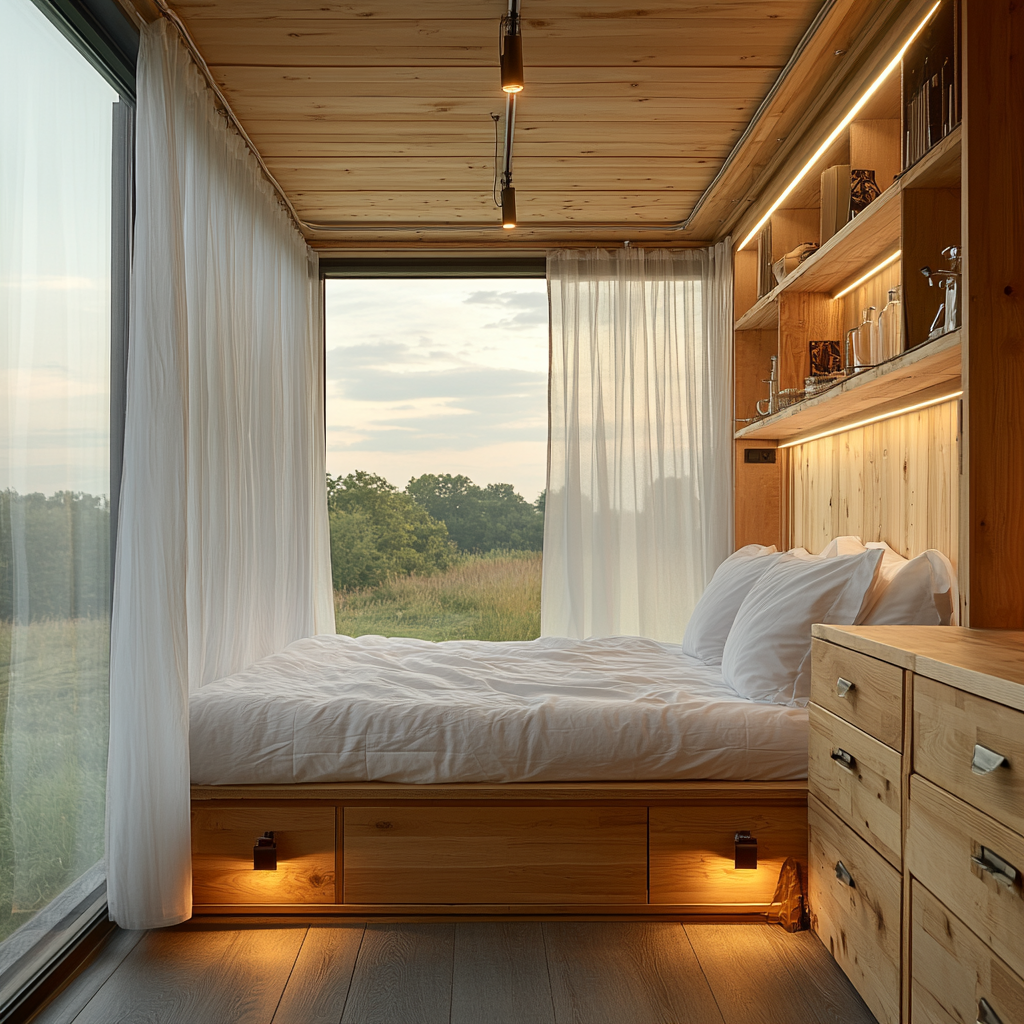 A hotel room in a shipping container with oak panels