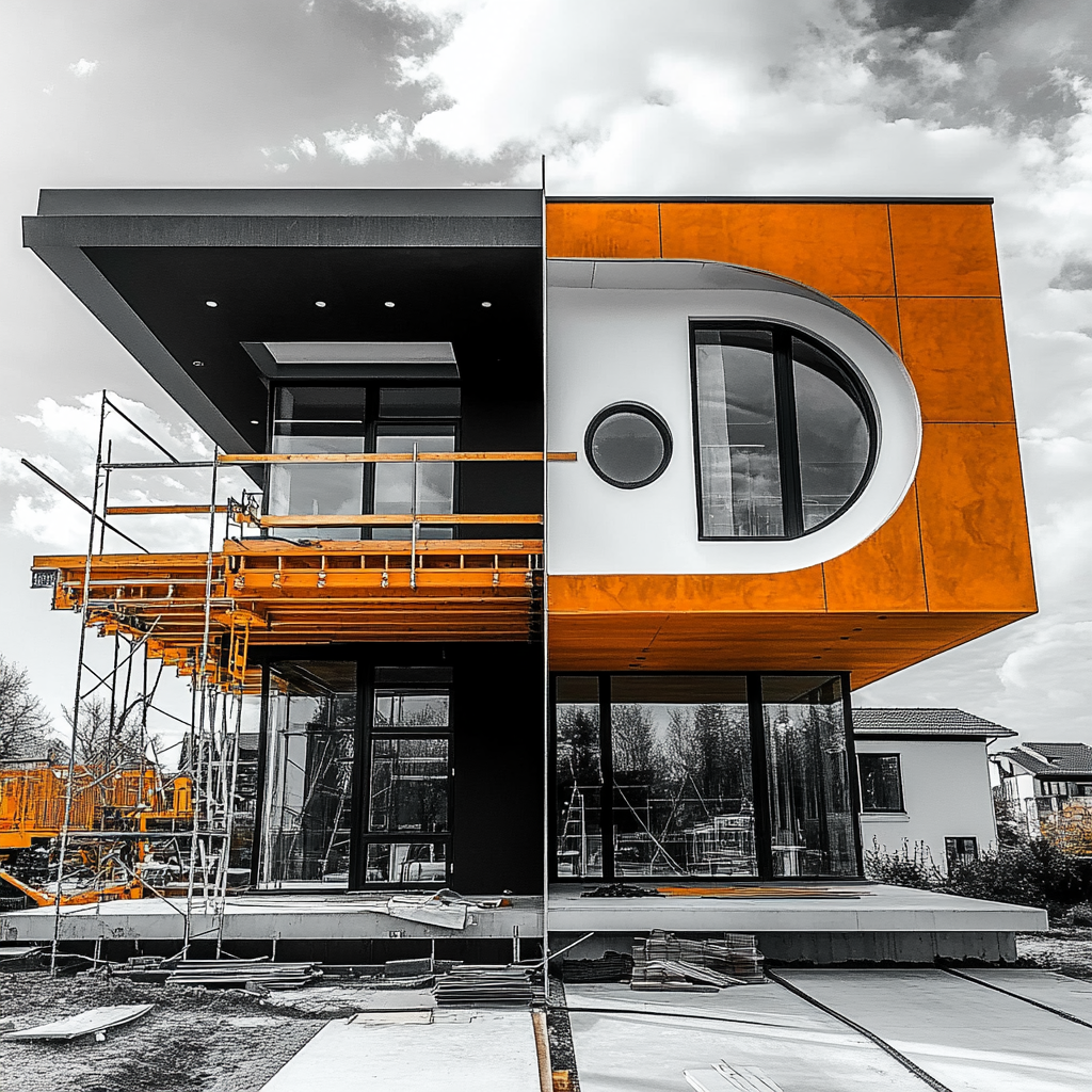 A house half colored, half black, white, under construction.