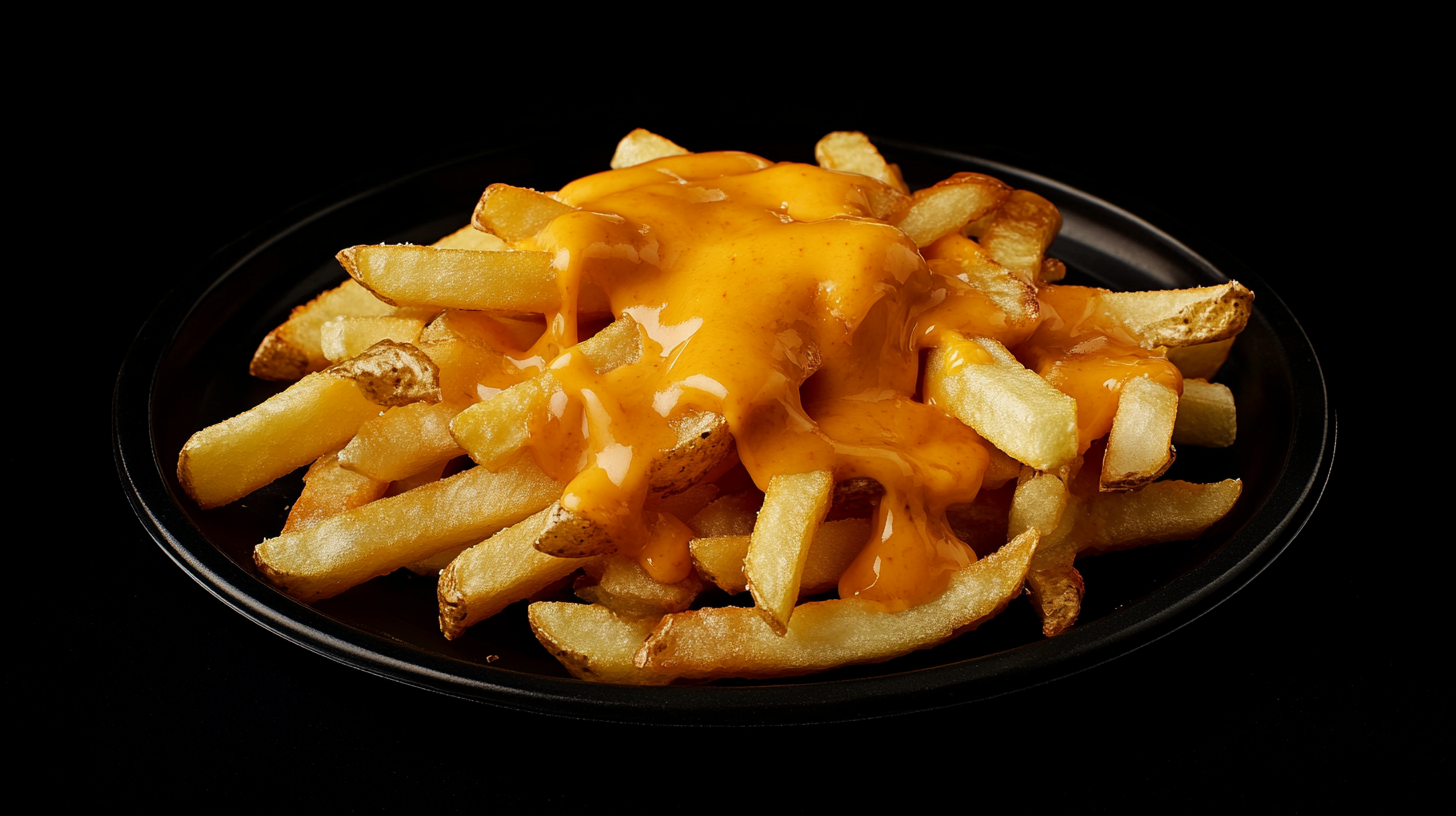 A huge tray of fries with cheddar sauce.