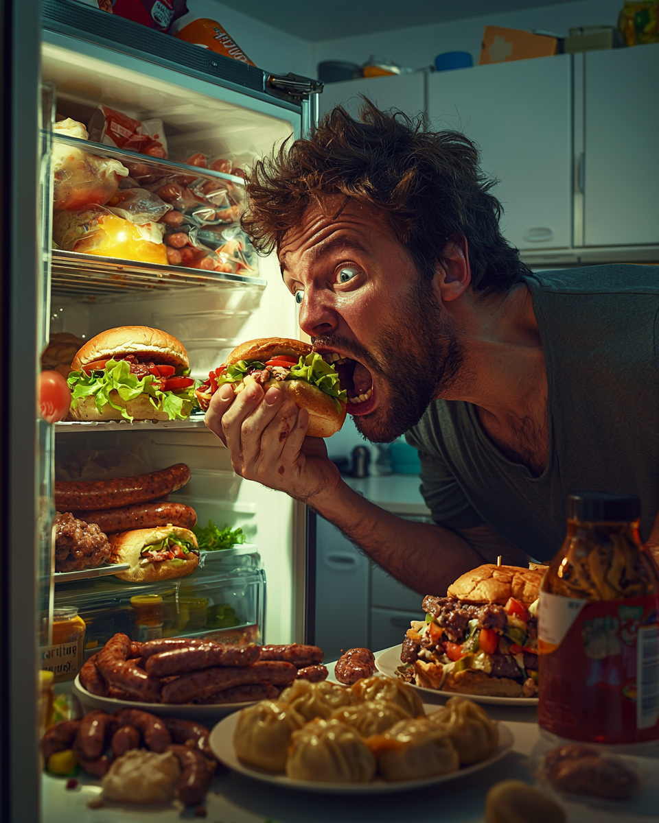 A hungry man eating a burger by the fridge.