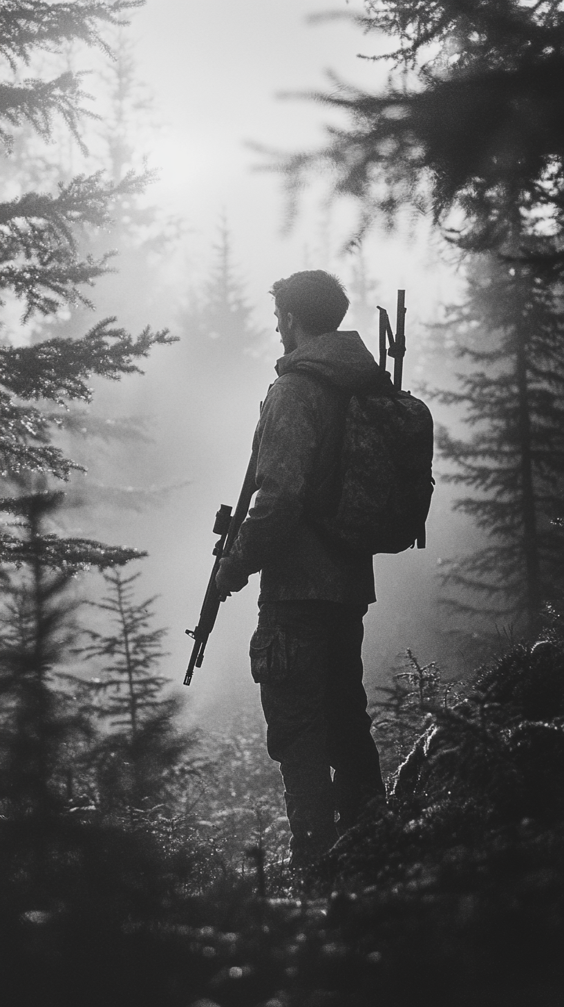 A hunter with rifle aiming in Alaskan forest.