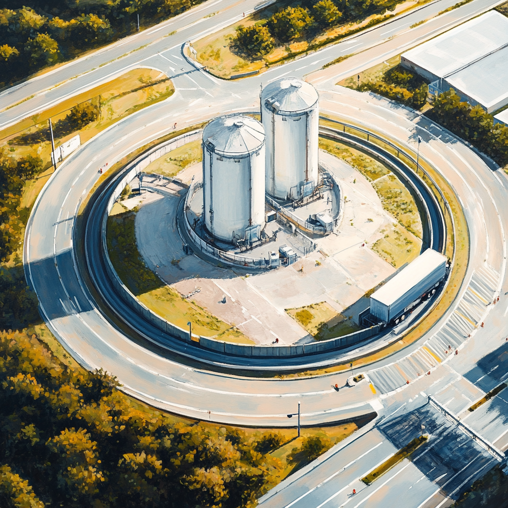 A hyper-realistic small roundabout with mini silos art