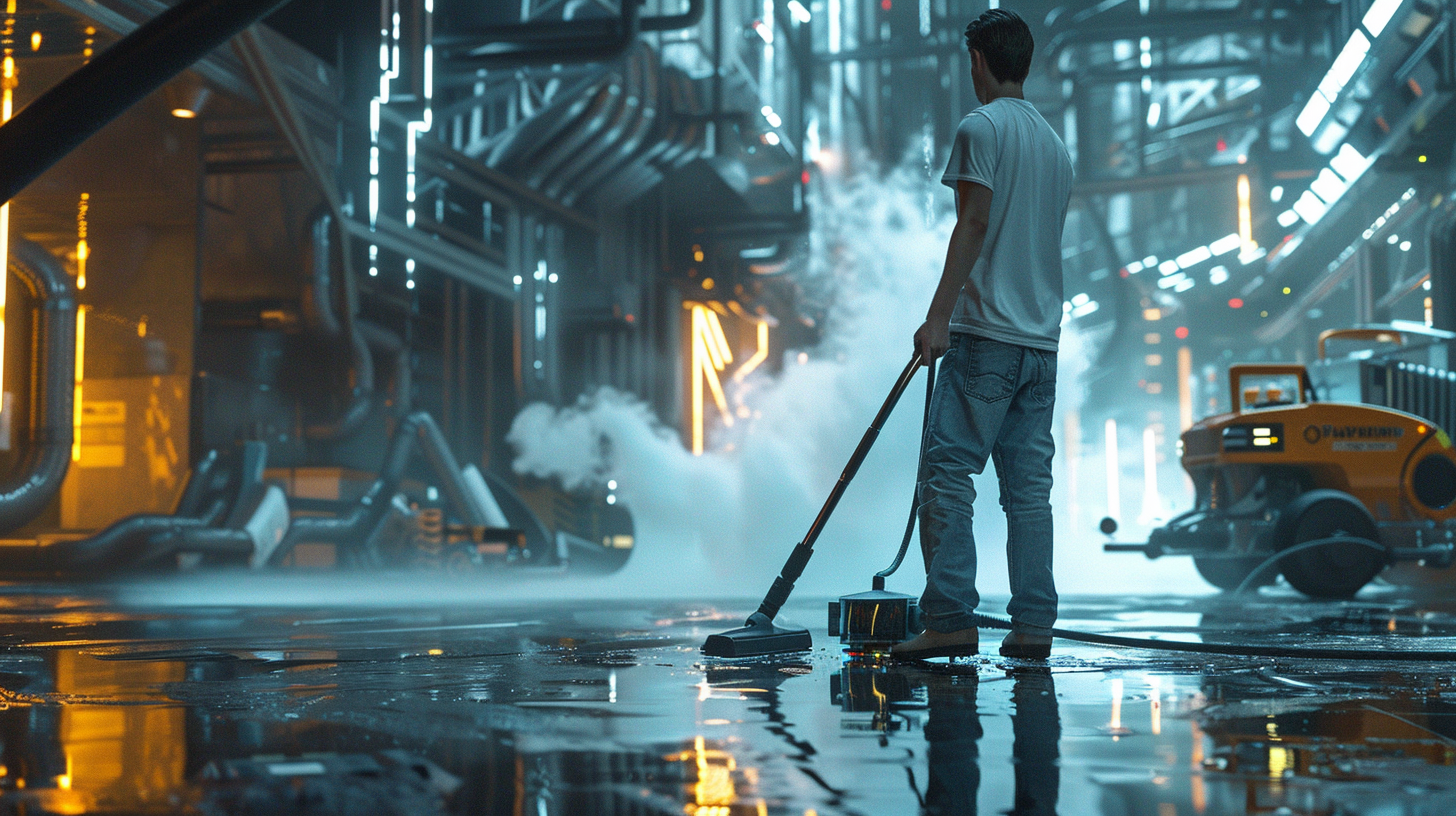 A janitor cleaning advanced superhero battle arena.