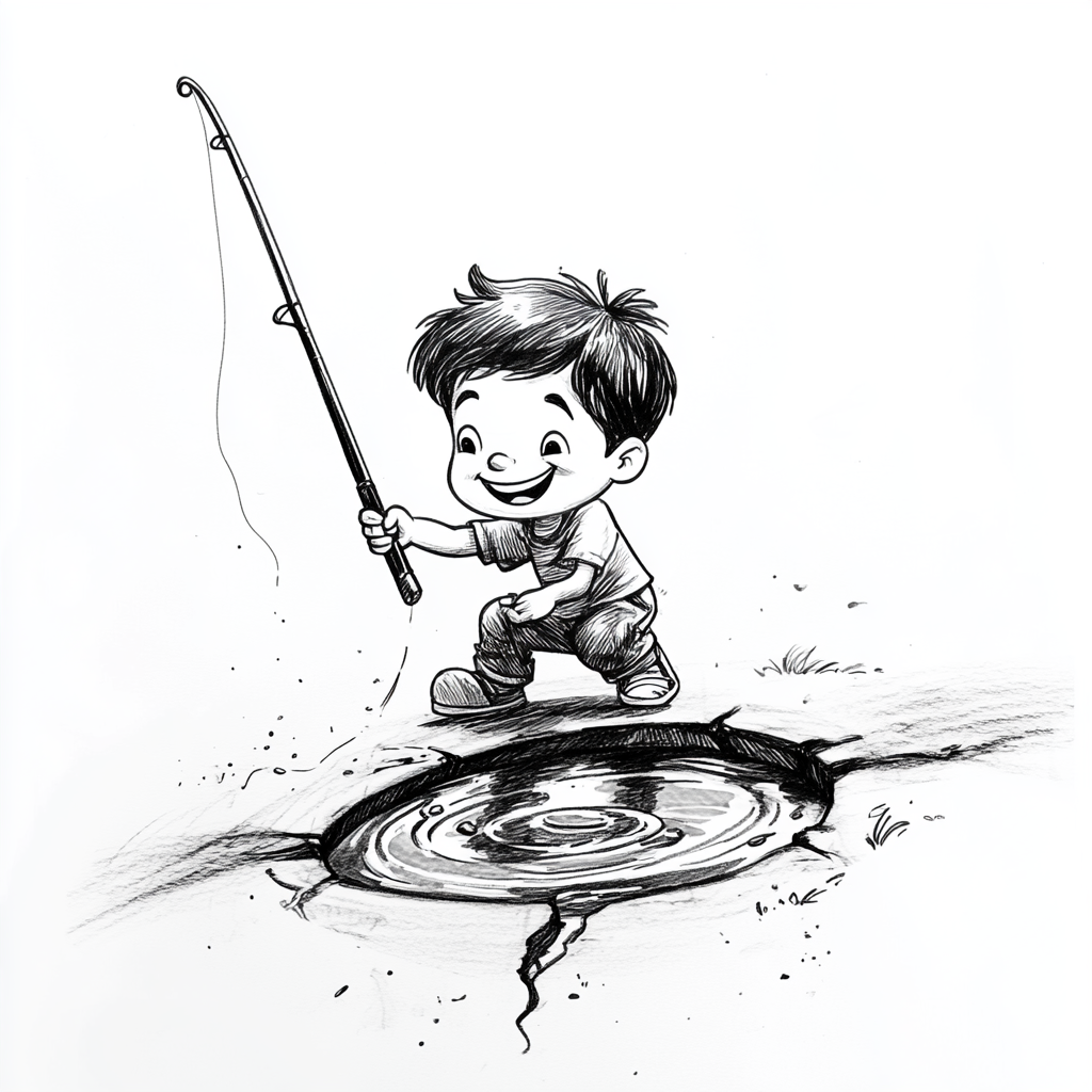 A joyful boy fishing in pothole on road