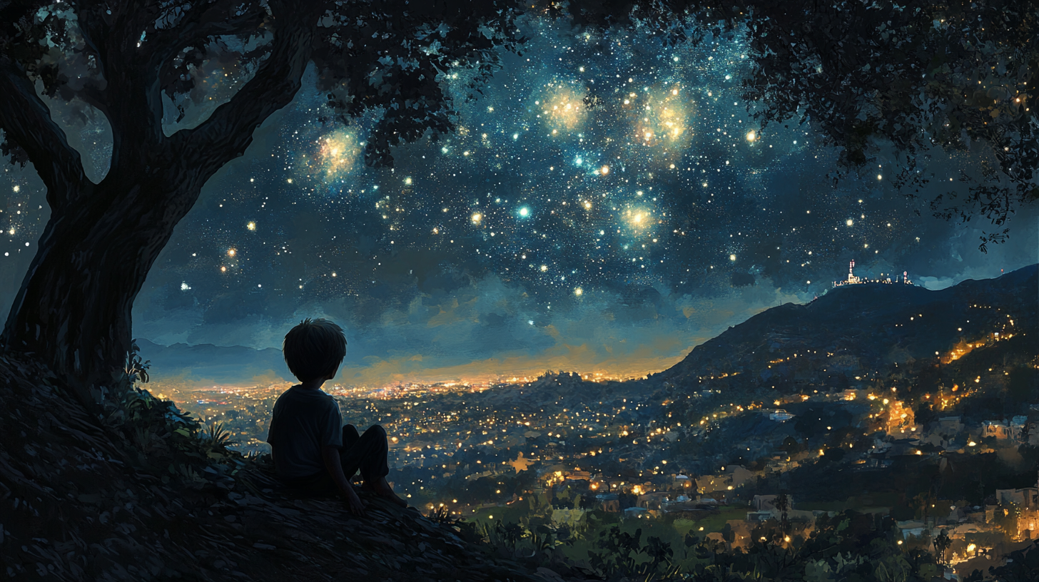 A kid staring at stars under Hollywood hills.