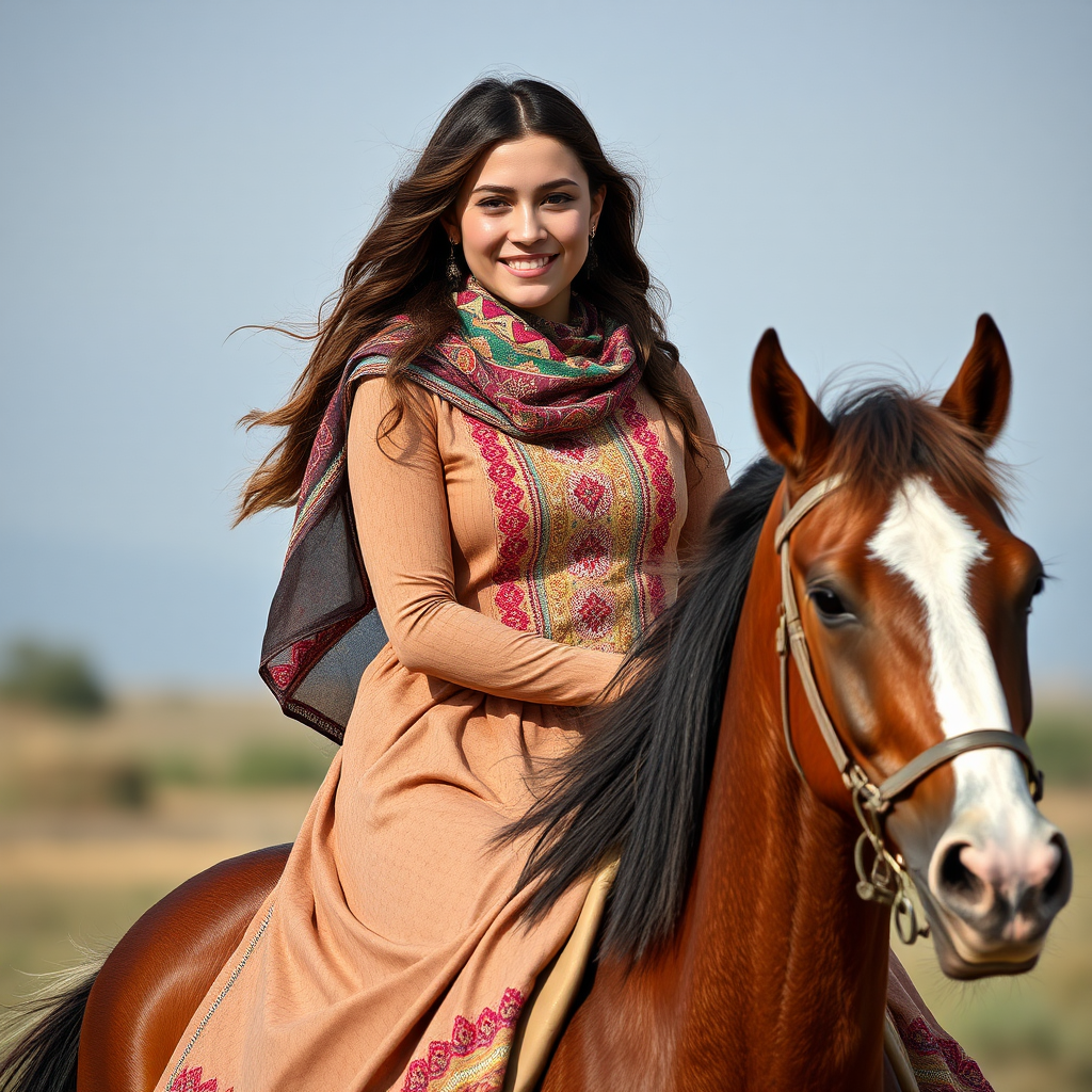 A kind Iranian Muslim girl smiling while riding horse.