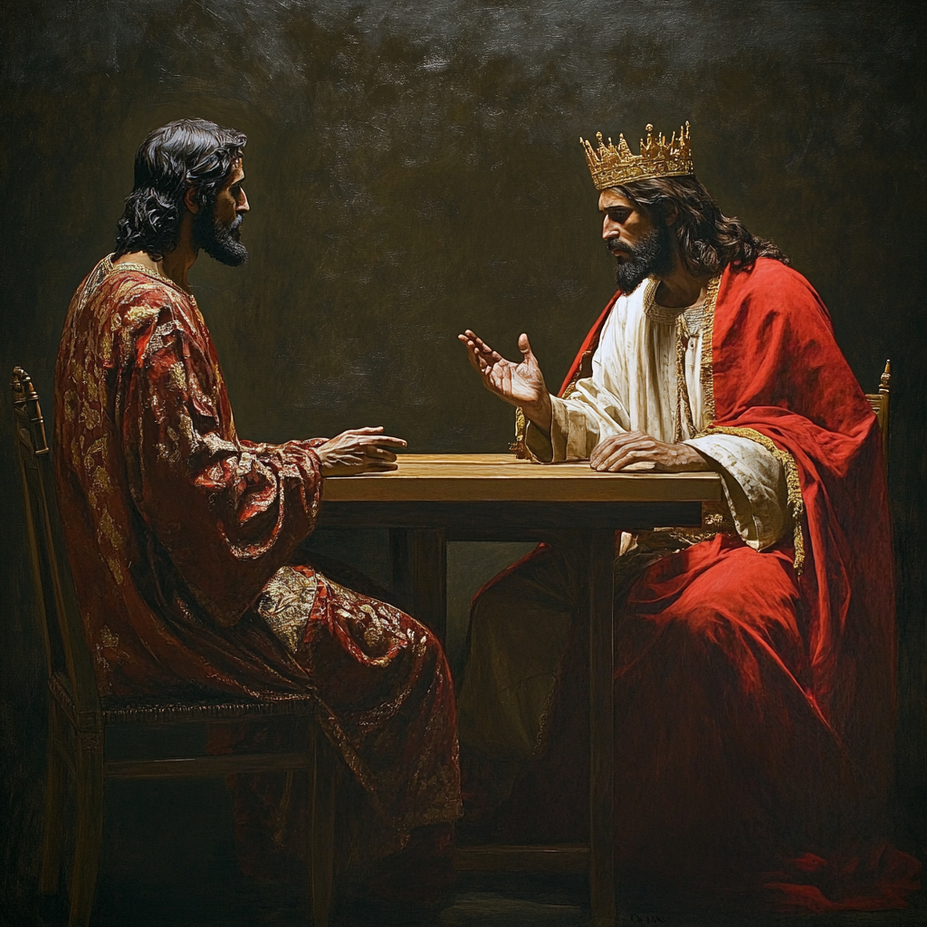 A king-like Jesus sitting at a table.