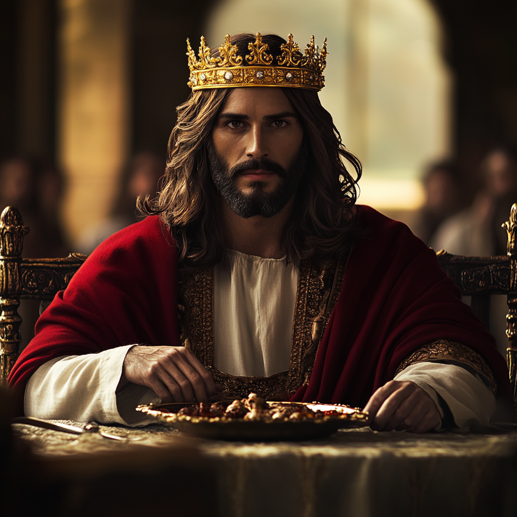 A king-like Jesus sitting at table.