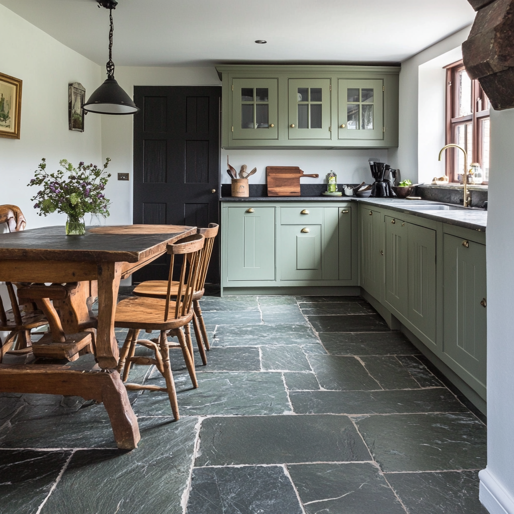 A kitchen with green cabinets, brass handles and tiles.