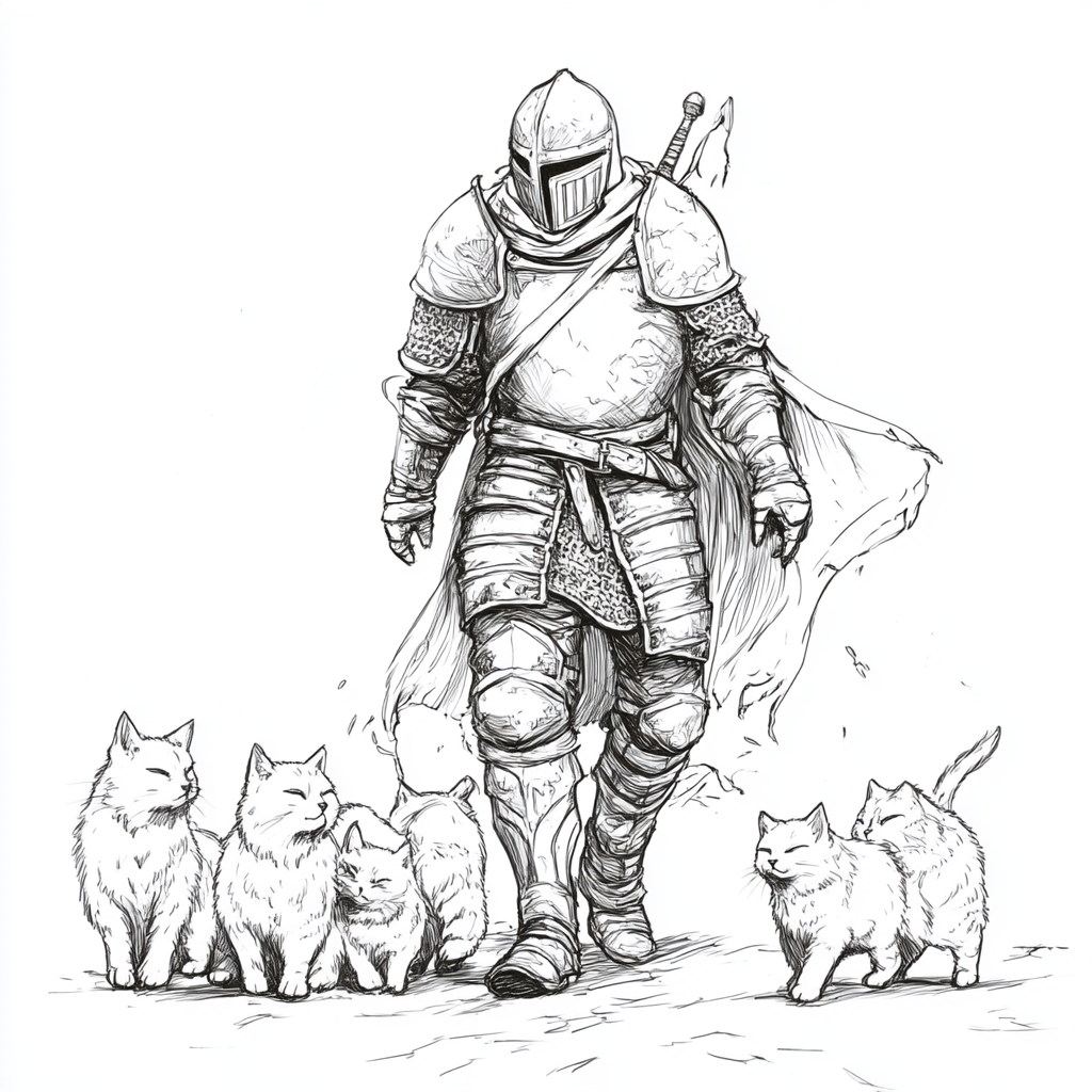 A knight in armor with five cats.