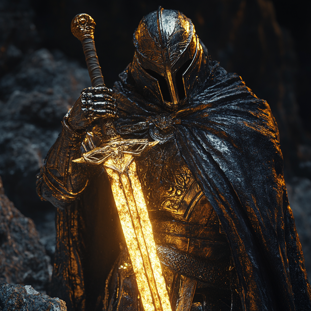 A knight in gold armor holds sword in rock