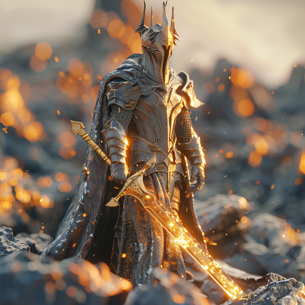 A knight like Sauron holding golden sword in rock