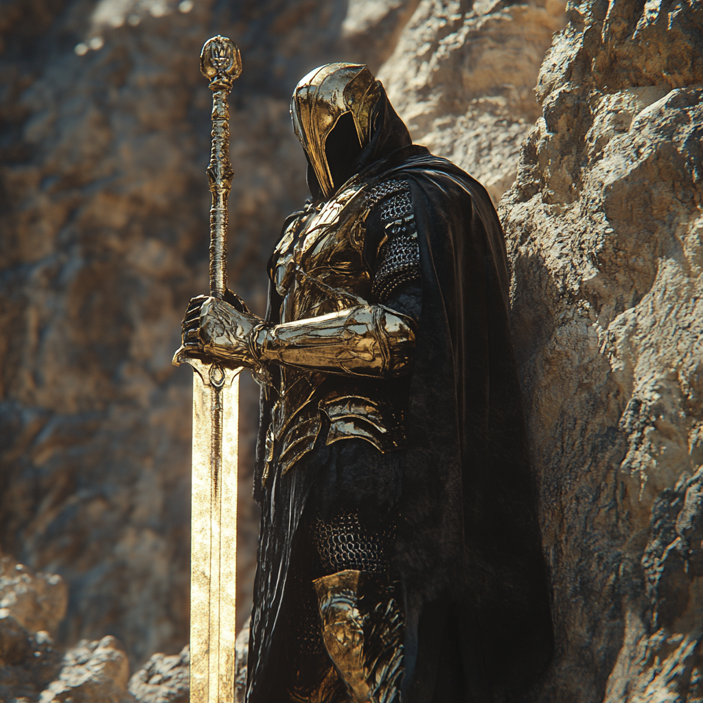 A knight pulls golden sword from rock