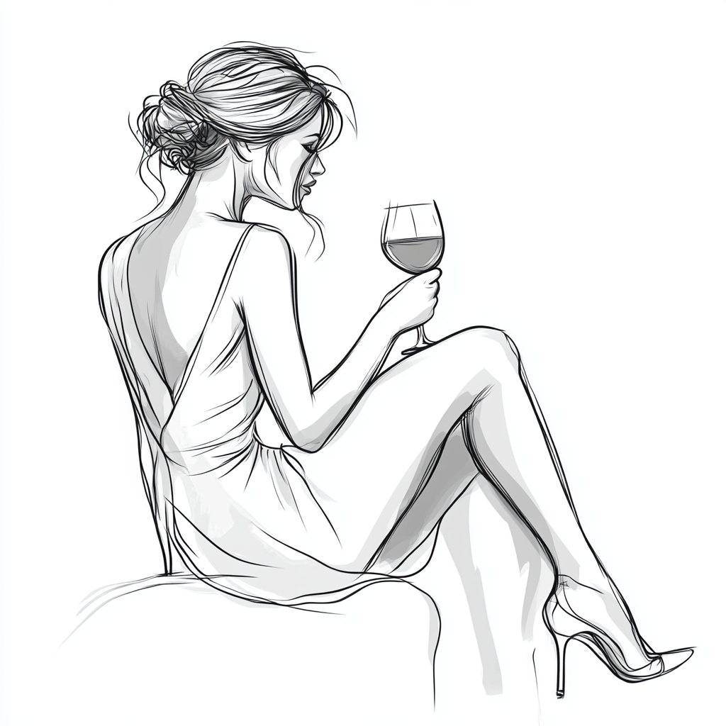 A lady in dress talks to herself with wine.