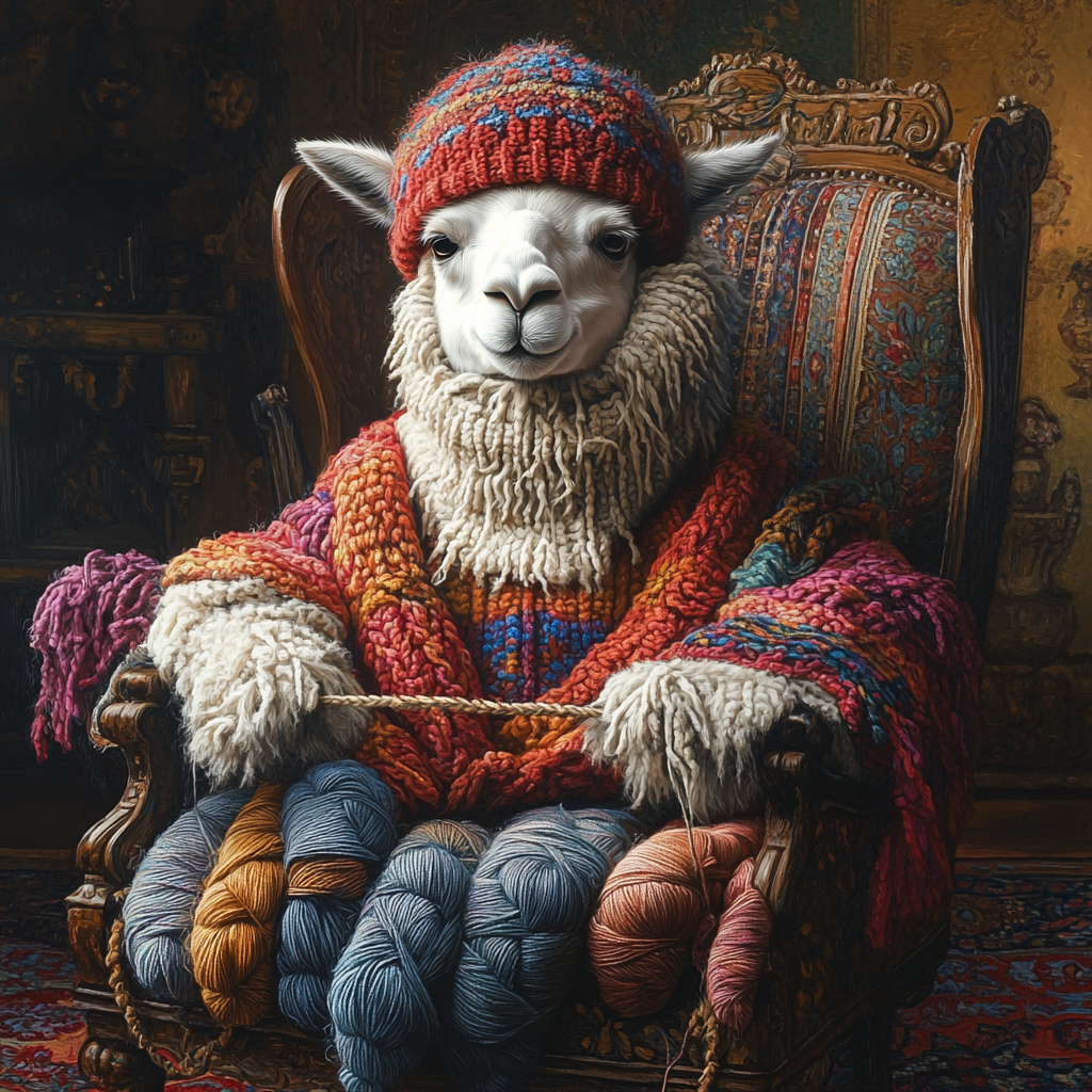 A lama knitting in a cozy chair