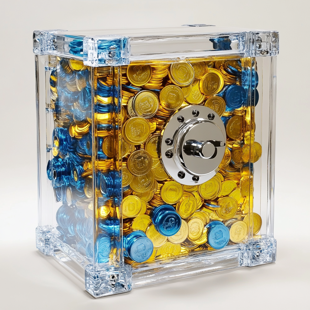 A large clear safe with yellow and blue coins.