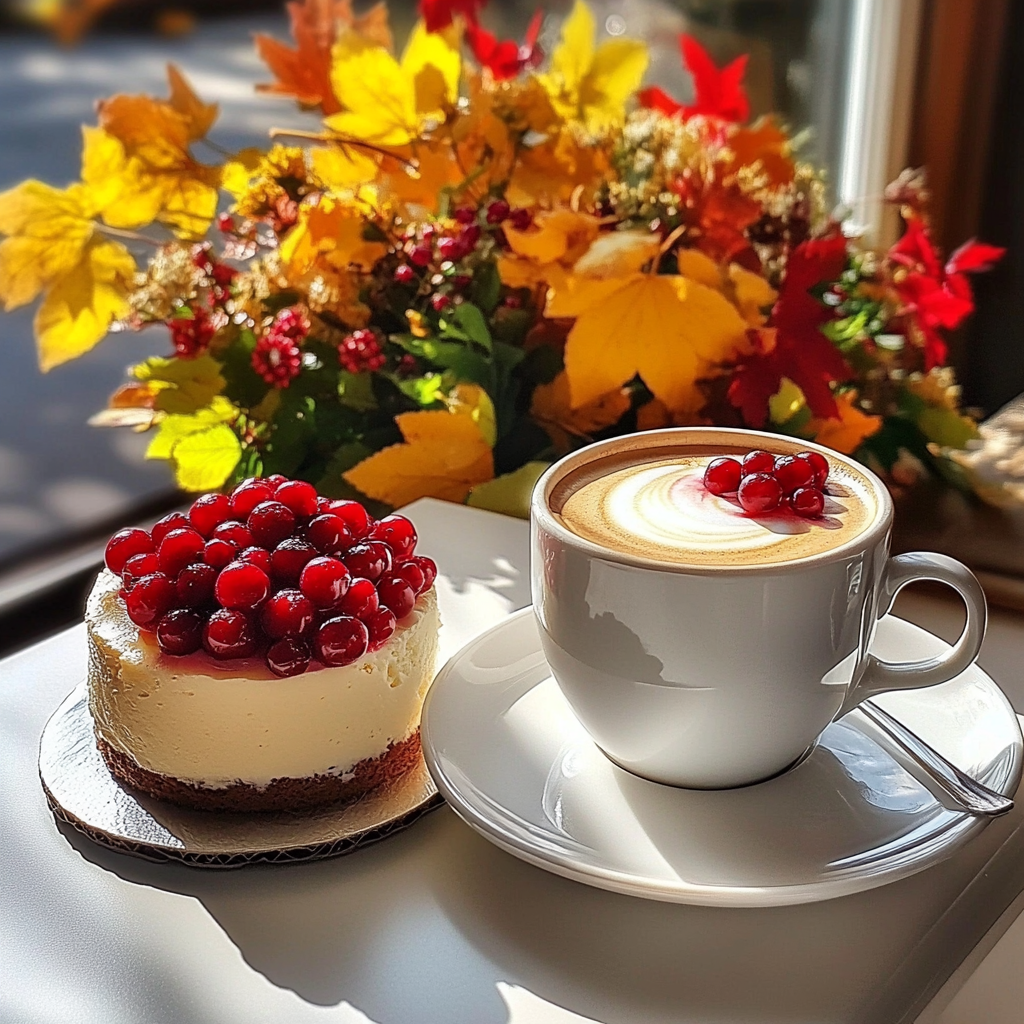 A large cup of coffee and beautiful cake.