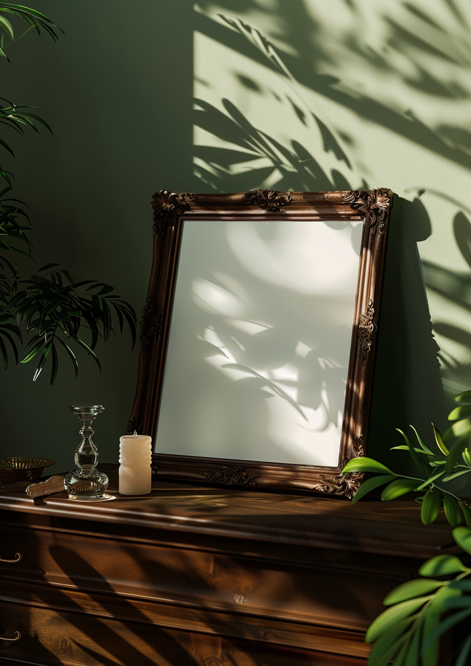 A large empty frame on dresser with candle.