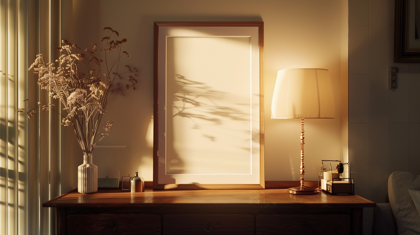 A large photo frame on the dresser