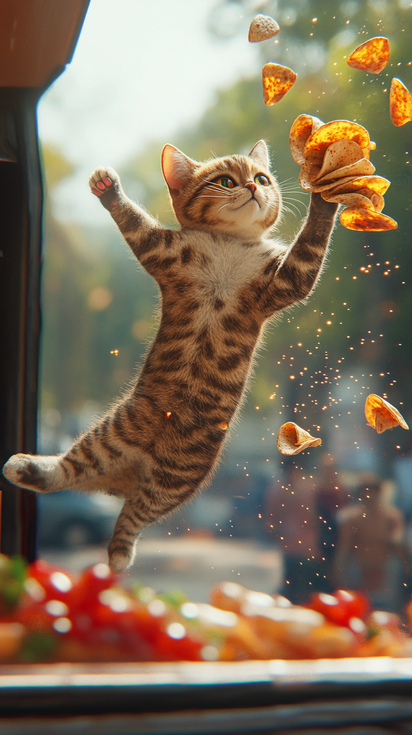 A leaping cat catches tacos with sparkly energy.