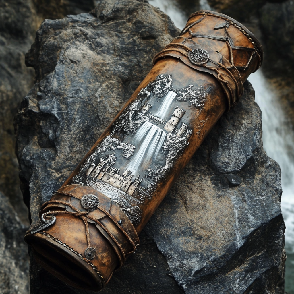 A leather quiver with silver castle etching.