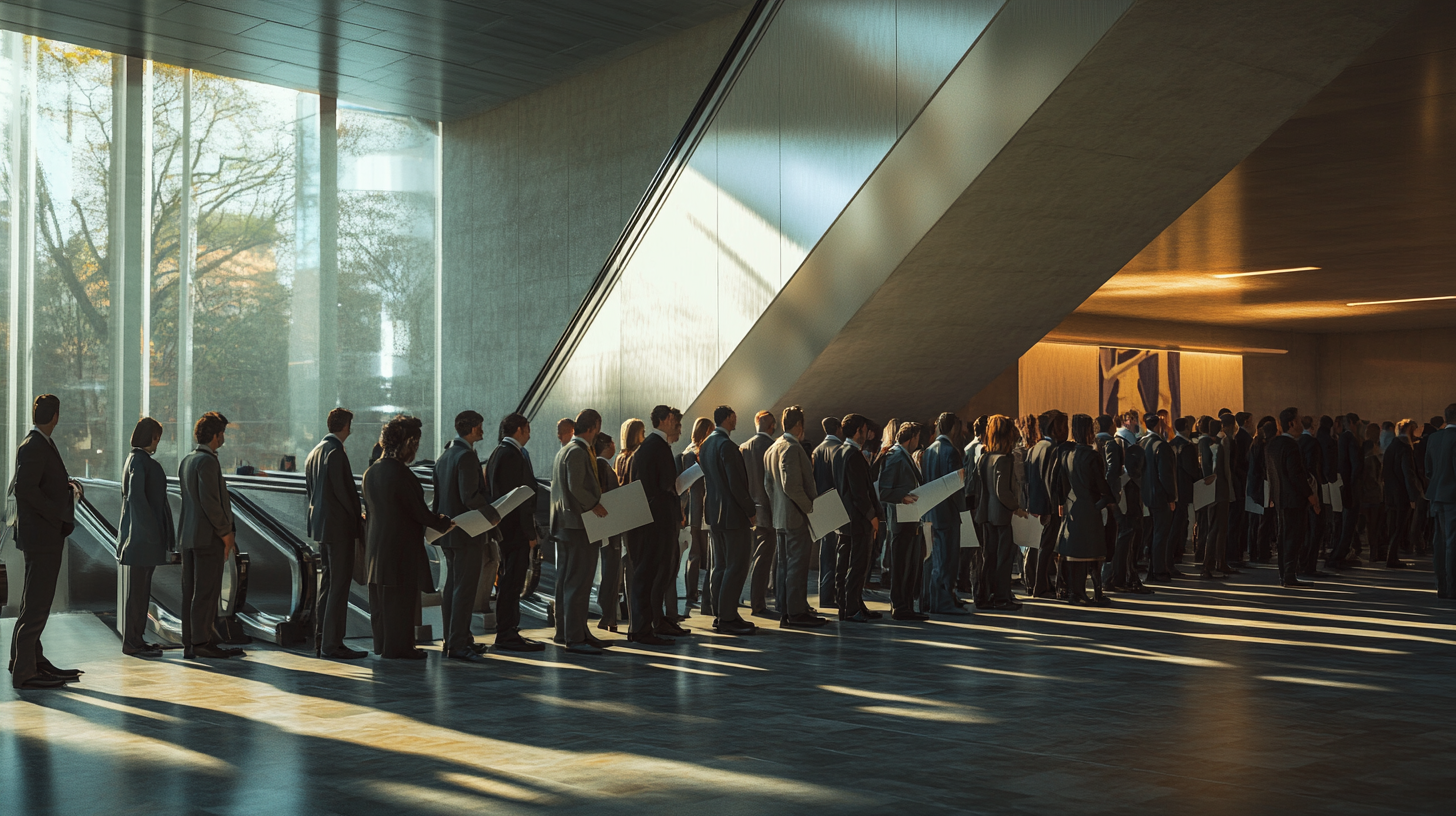 A line of tired office workers queue for escalator.